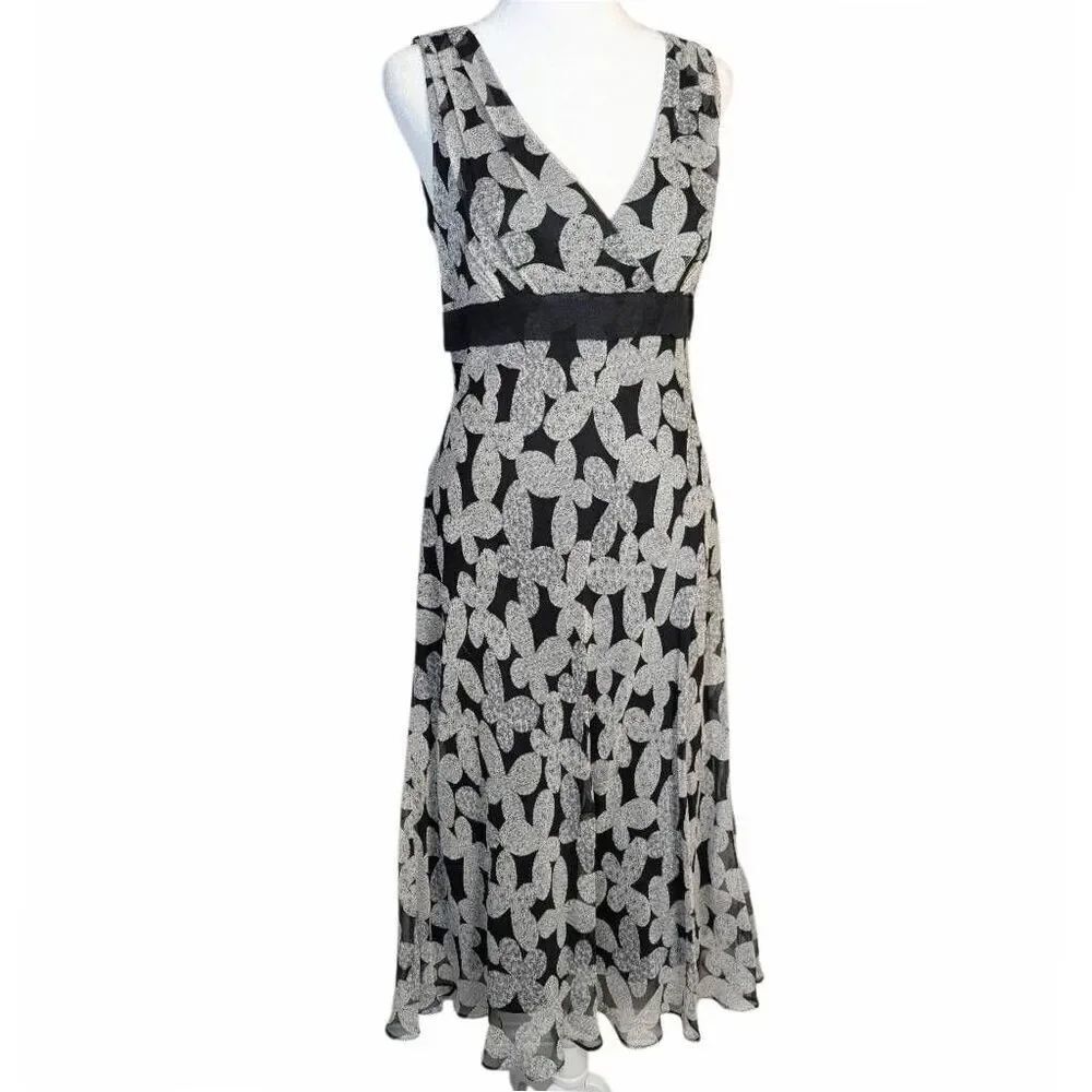 Vintage Dressbarn silk black & white butterfly bias slinky slip dress womens 8